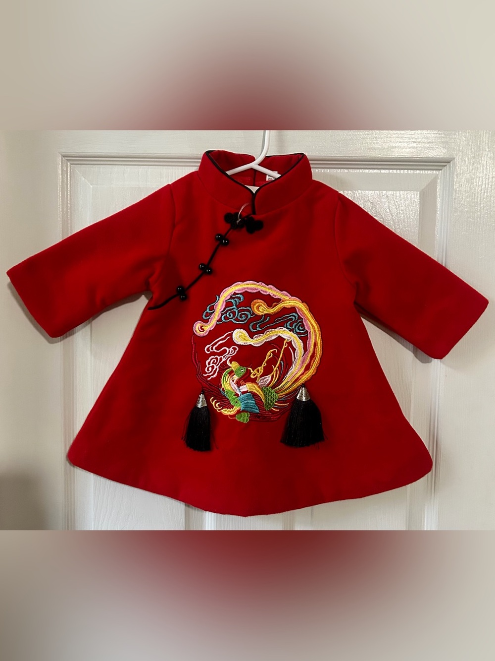 Kids Red Embroidered Mandarin Collar Coat